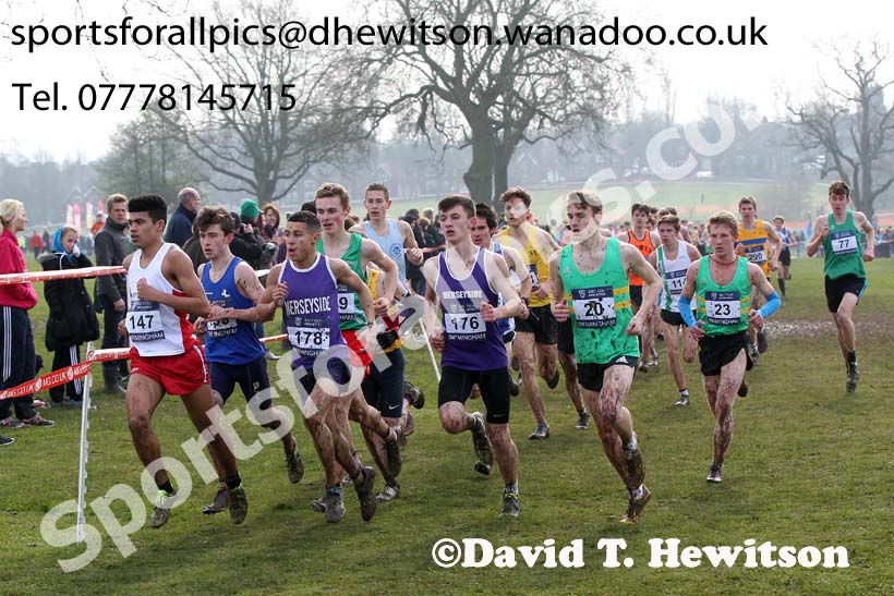 Leaders in the under-20 men, 147 Jamaine Coleman (Lancashire), 123 Oliver Poulain (Hertfordshire), 178 Matthew Shirling (Merseyside), 176 Jack Douglas (Bedfordshire) and 20 Scott Halsted (Berkshire) during the Inter Counties Cross Country, Cofton Park, Birmingham. Photo: David T. Hewitson/Sports for All Pics